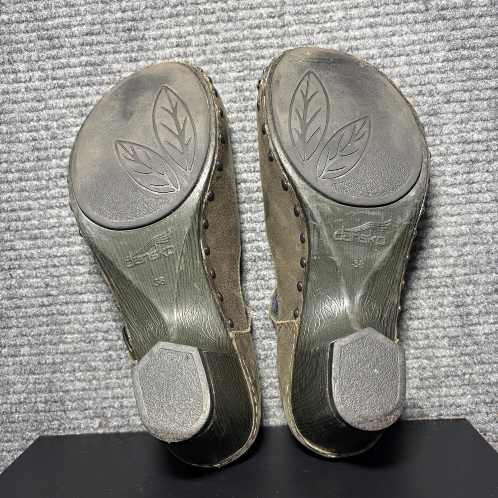 Dansko Neci Olive Green Leather Mary Jane Clog Heels Studded Size 38 - Picture 4 of 10